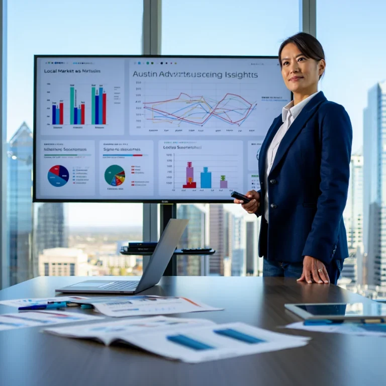 Strategist presenting key Austin advertising insights and market data